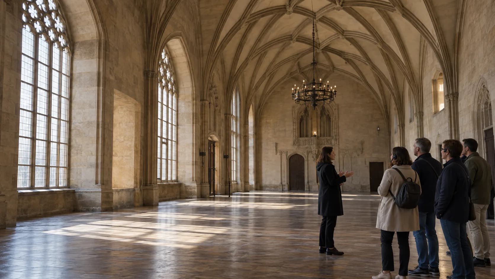 A local guide introducing a small group to a quiet vaulted hall inside Prague Castle, with one visitor listening through headphones.