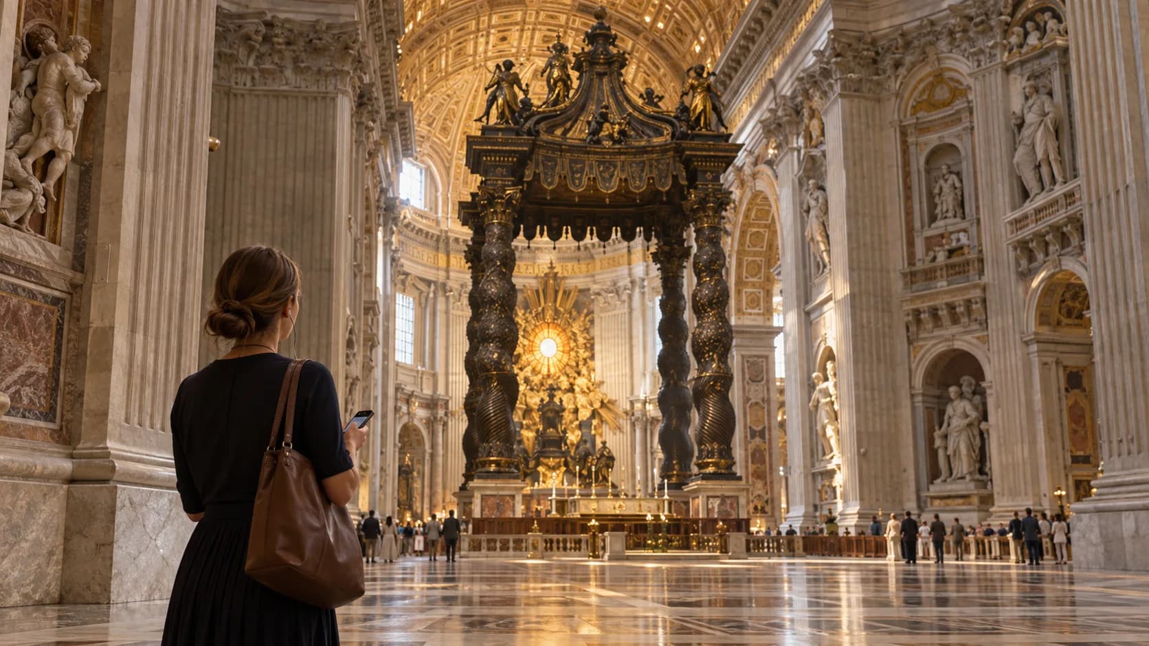 An independent visitor using an audio guide inside St Peter’s Basilica, facing Bernini’s Baldachin.