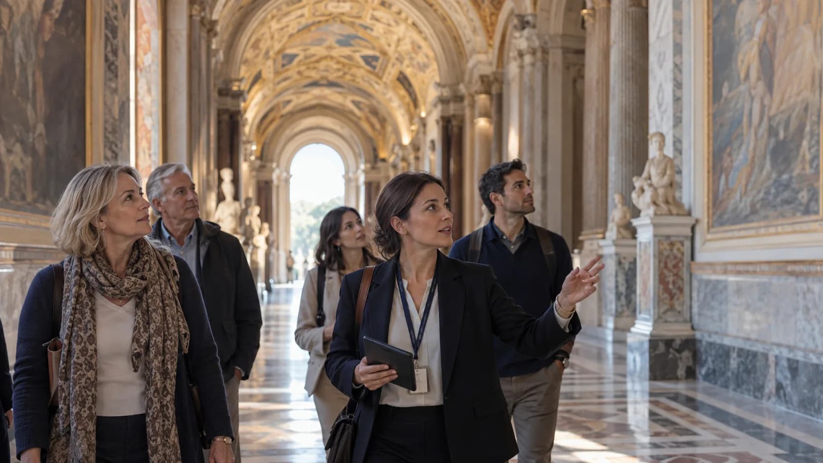 A guide leading a small group through a grand Italian museum corridor.