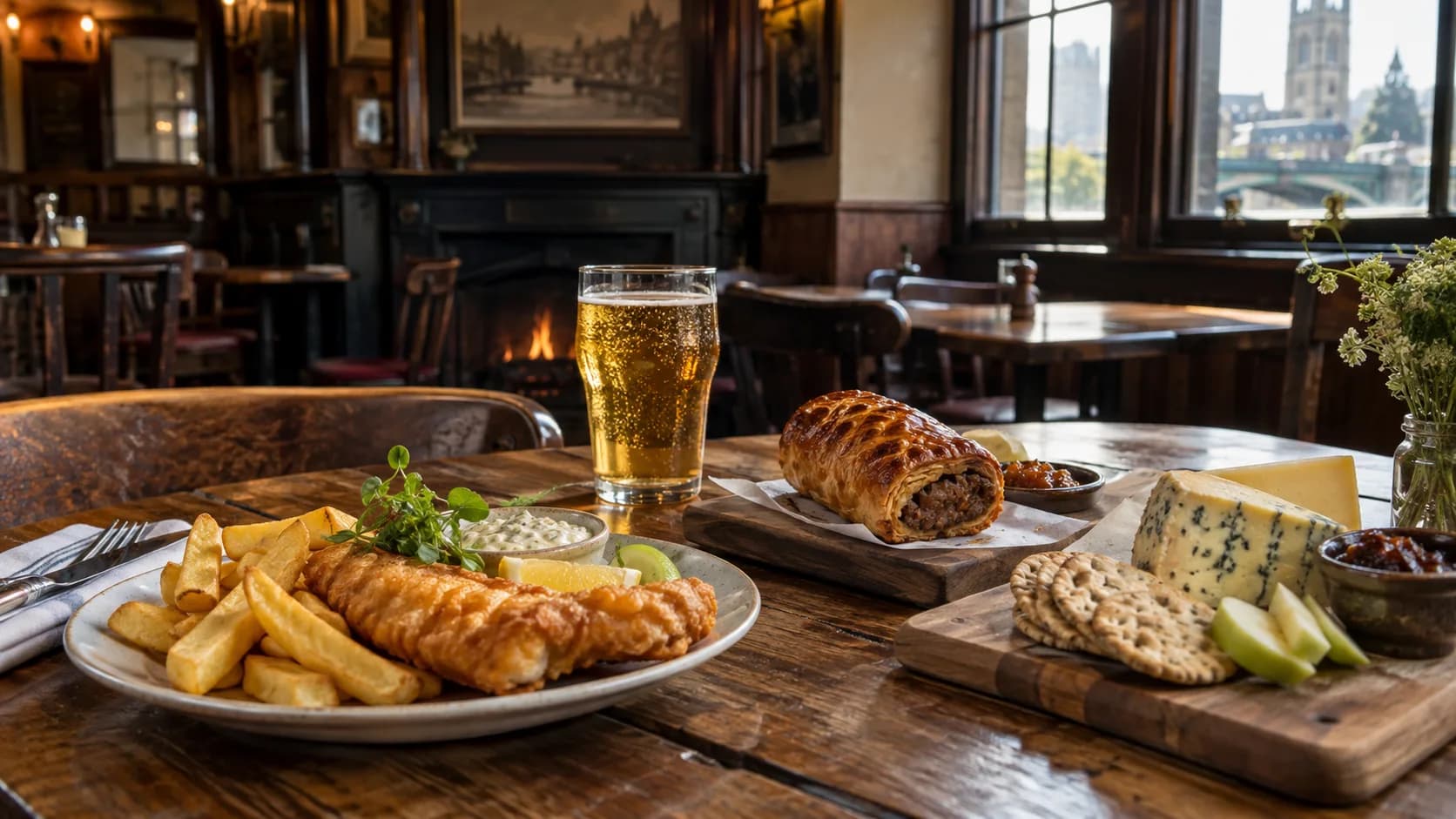 Fish and chips, sausage roll, British cheese and a local drink on a pub table near Borough Market.