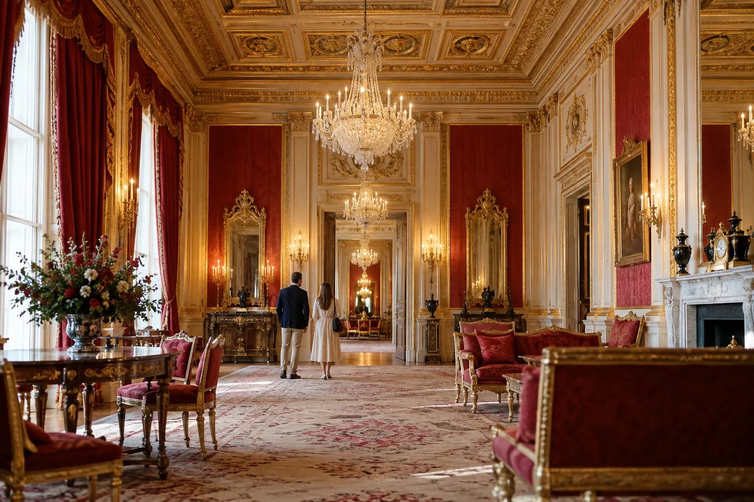 Visitors walking through an elegant royal State Rooms interior with chandeliers and deep red silk walls.