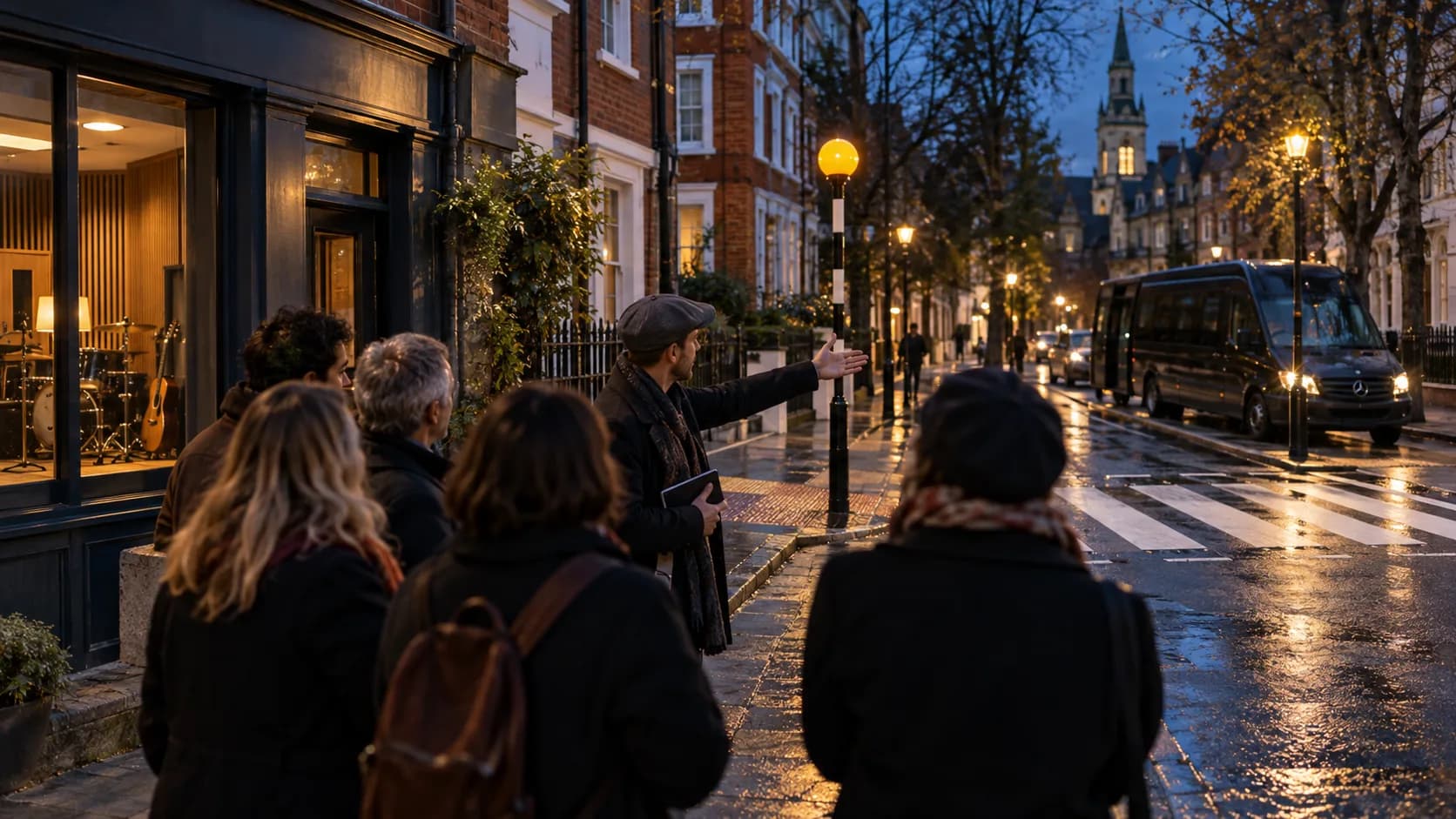 A music-history guide with a small group beside a zebra crossing and an unbranded London studio frontage at blue hour.