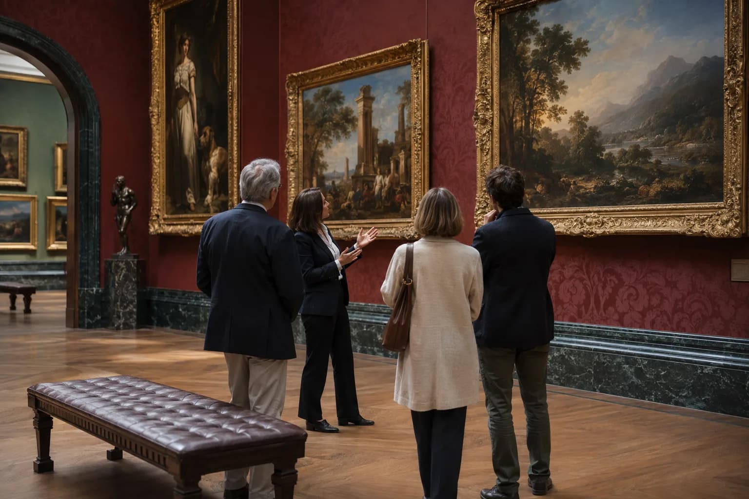 An art guide speaking with a small private party in a richly coloured London picture gallery.