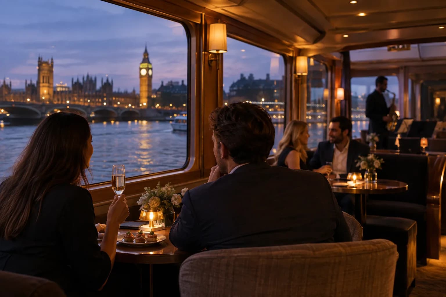 Guests with sparkling wine and canapés in the warmly lit saloon of a Thames boat, with Big Ben beyond the windows.