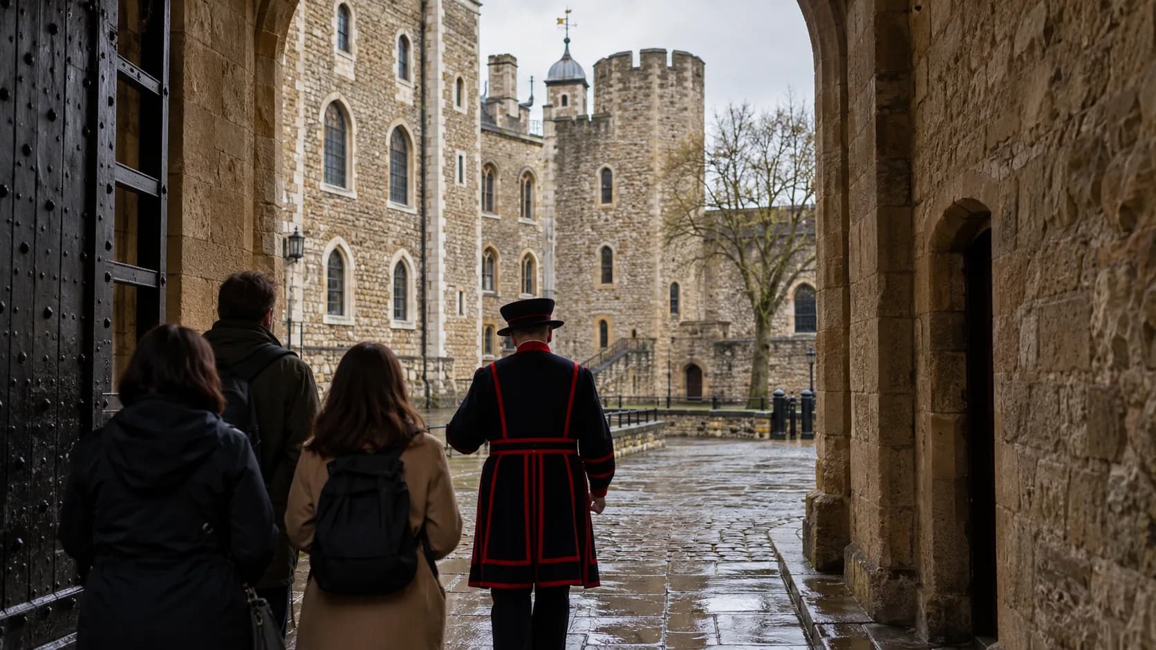 A Yeoman Warder leading visitors through a Tower of London archway after rain.