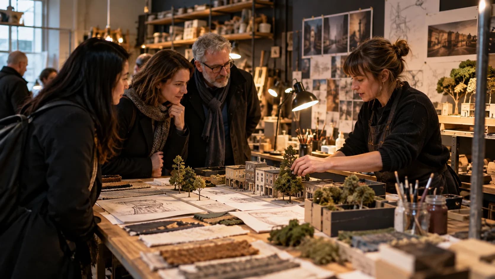 Visitors looking at miniature streetscapes and production sketches in an unbranded film-craft workshop.