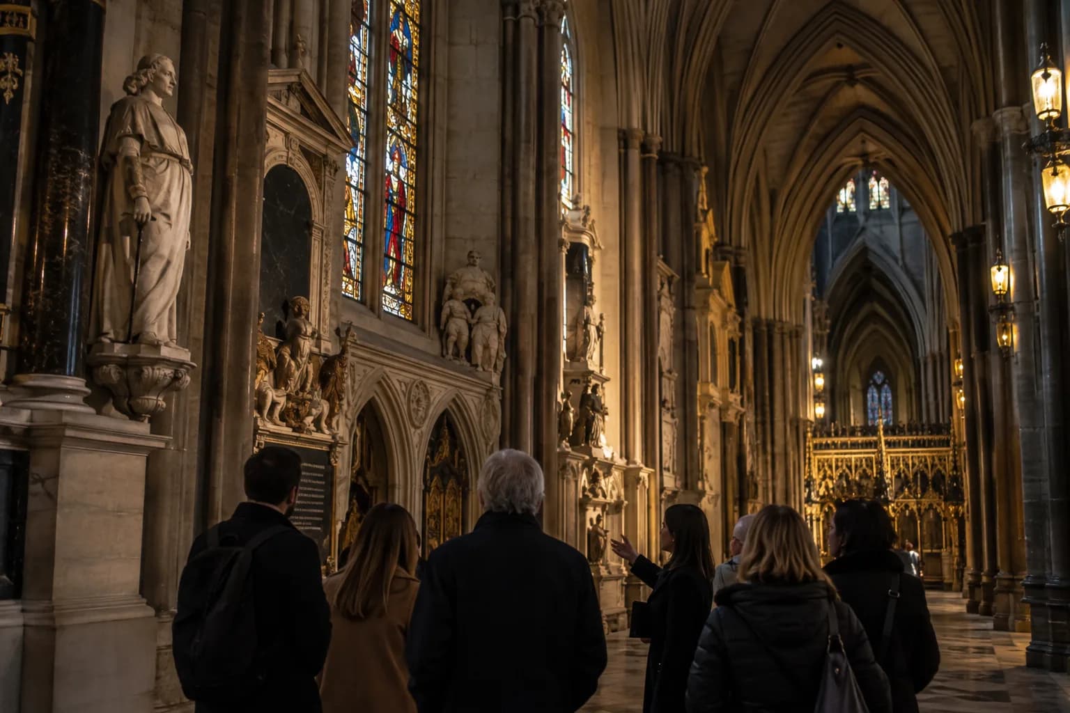 A guide introducing a small group to Westminster Abbey’s stained glass, memorials and Gothic architecture.