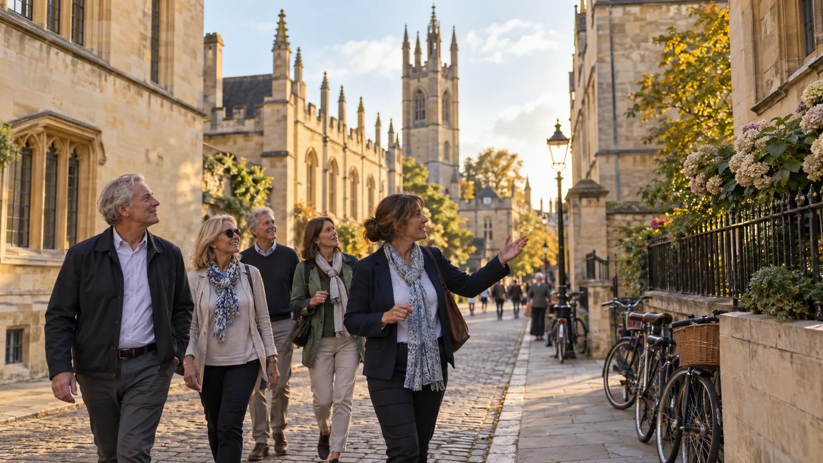A guide walking with visitors through an Oxford street of pale stone colleges and bicycles.