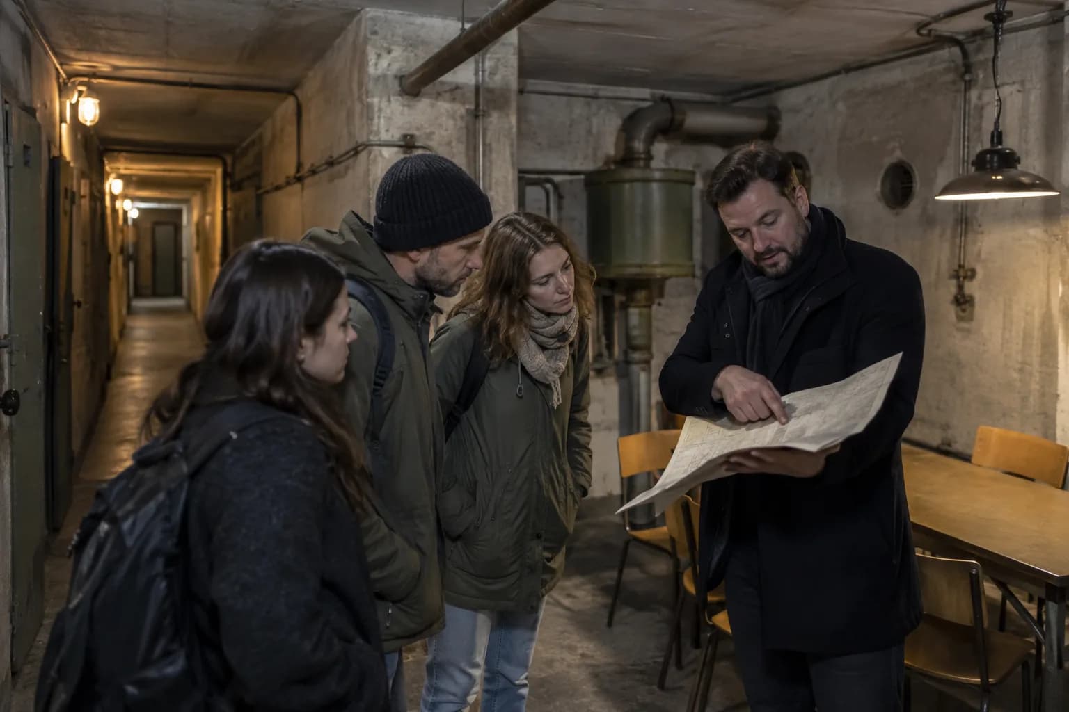 A local guide showing a small group an unmarked paper plan in a restrained concrete civil-defence shelter beneath Prague.