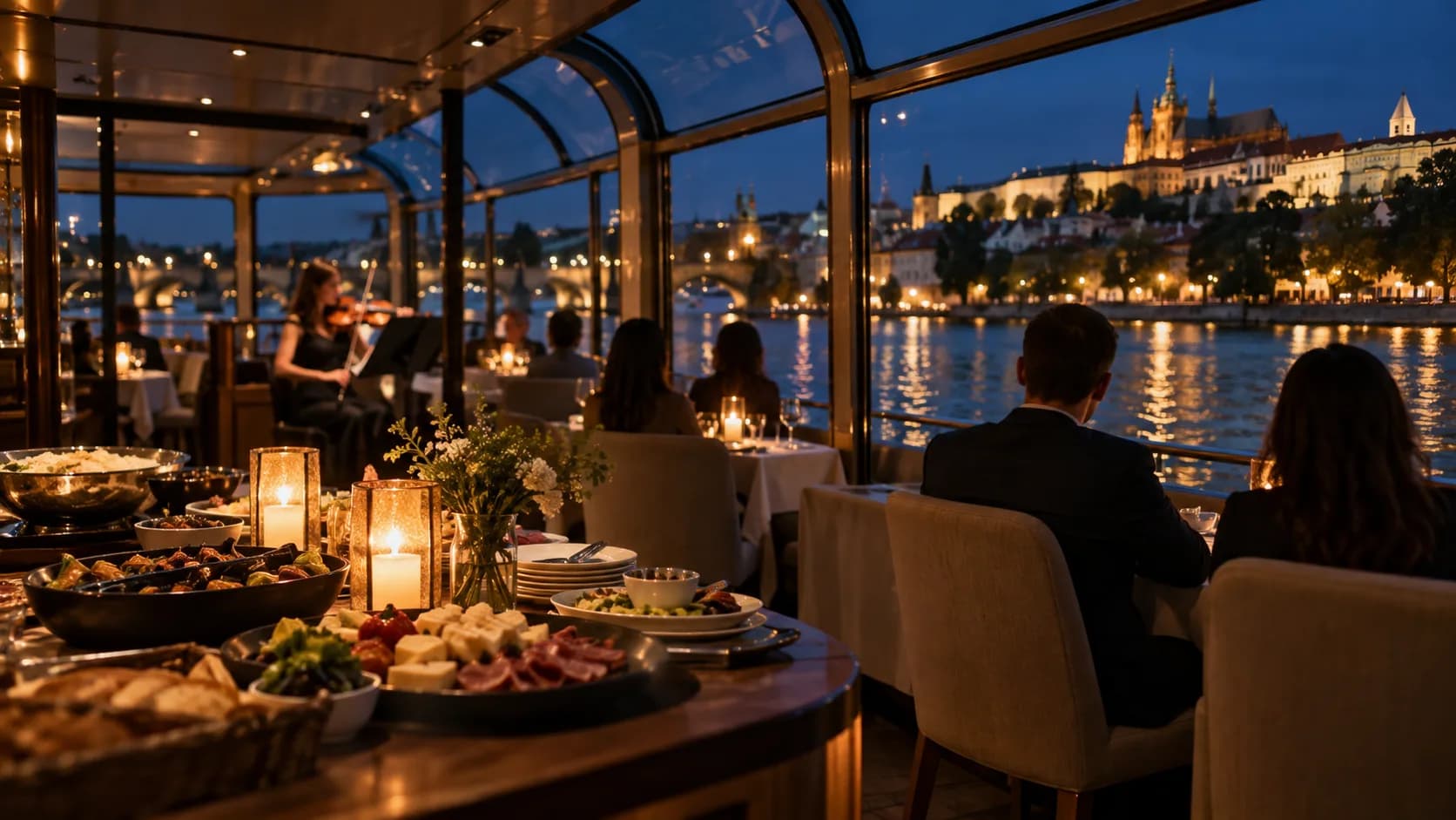 A buffet table and violinist inside a glass-roofed Prague riverboat, with guests looking towards Prague Castle across the evening Vltava.