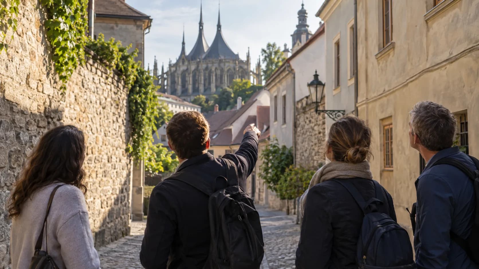 A guide leading a small group up a quiet historic Kutná Hora street towards the Gothic roofline of St Barbara’s Church.