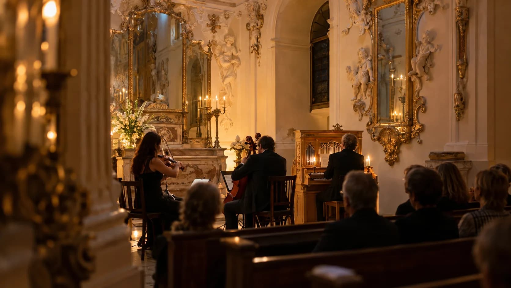 A small chamber ensemble performing in a candlelit Baroque Prague chapel, viewed beyond an intimate seated audience.