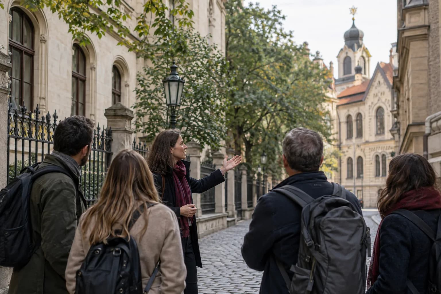 A local guide speaking with a small group on a calm cobbled lane in Prague’s Jewish Quarter, with historic facades and trees beyond.