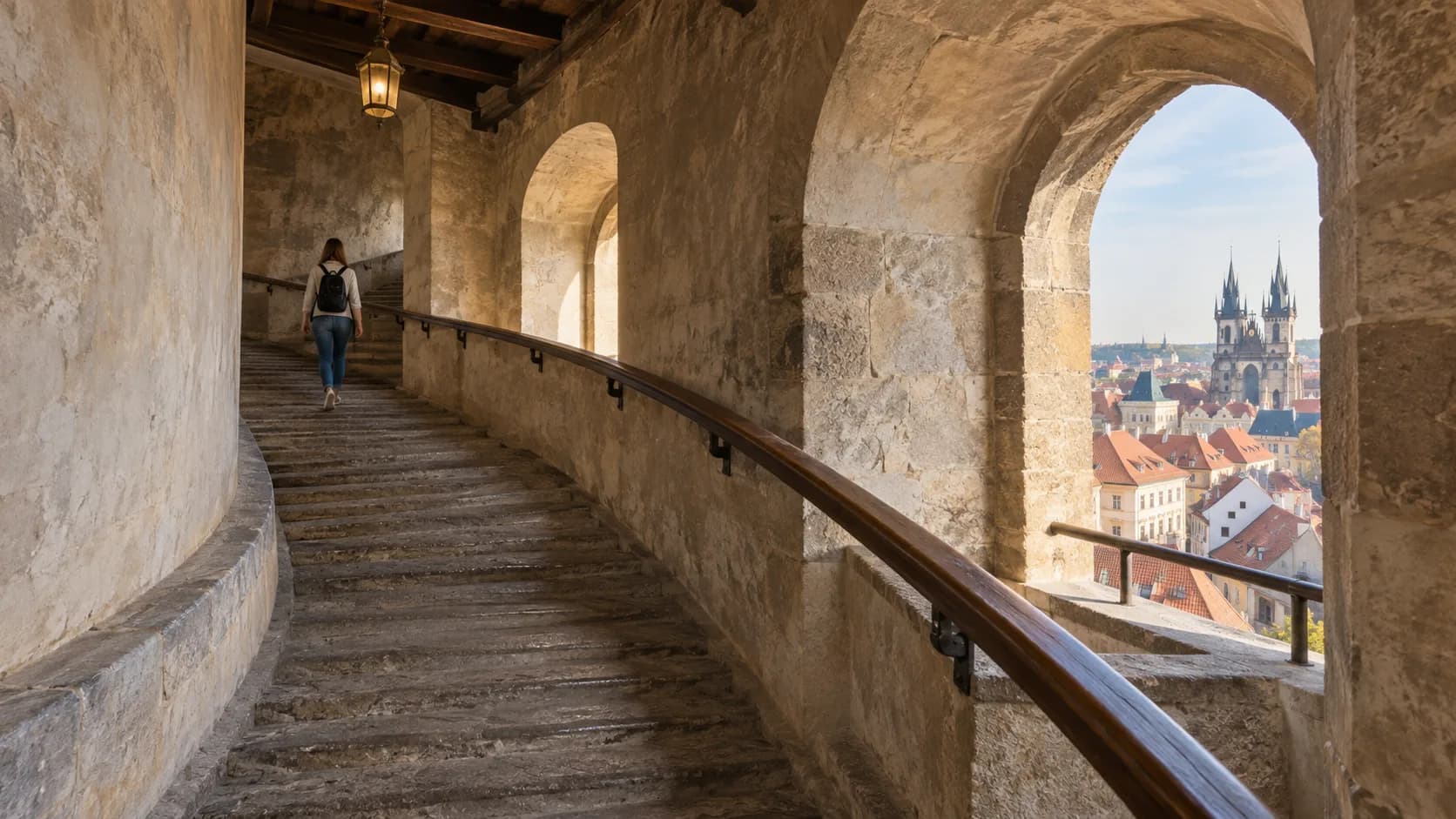 An independent visitor walking up the curving stone ramp inside a historic Prague tower, with Old Town rooftops visible through an arch.