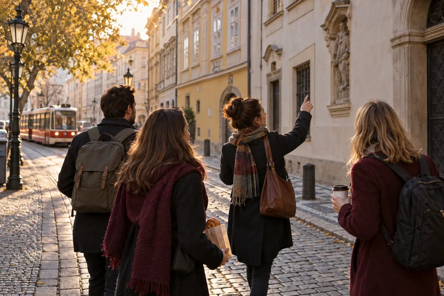 A local guide leading a small group with a pastry and takeaway coffee along a quiet central Prague street, with a tram approaching in the distance.