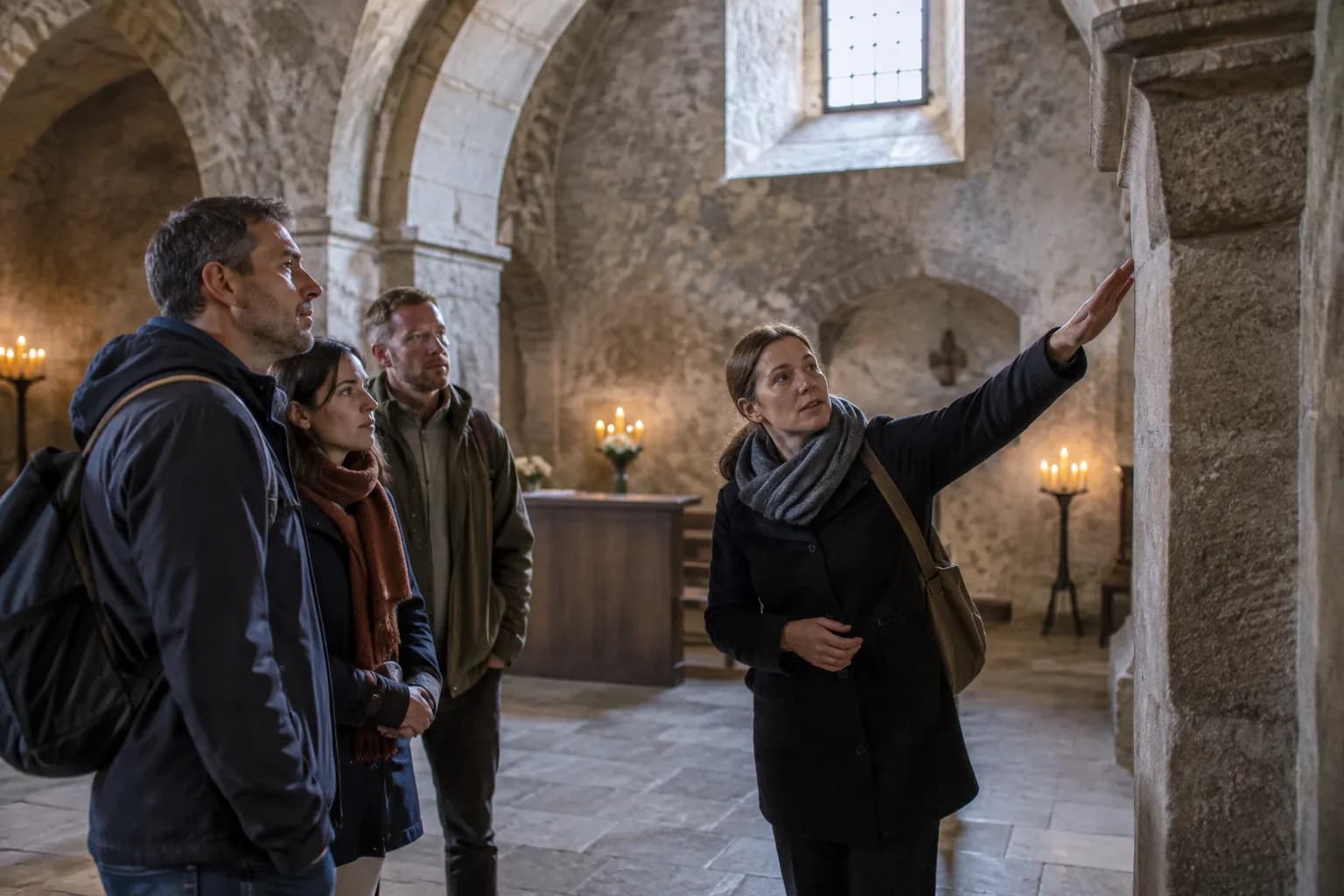 A local guide and three visitors pausing in a quiet stone memorial interior with soft daylight and candlelight.