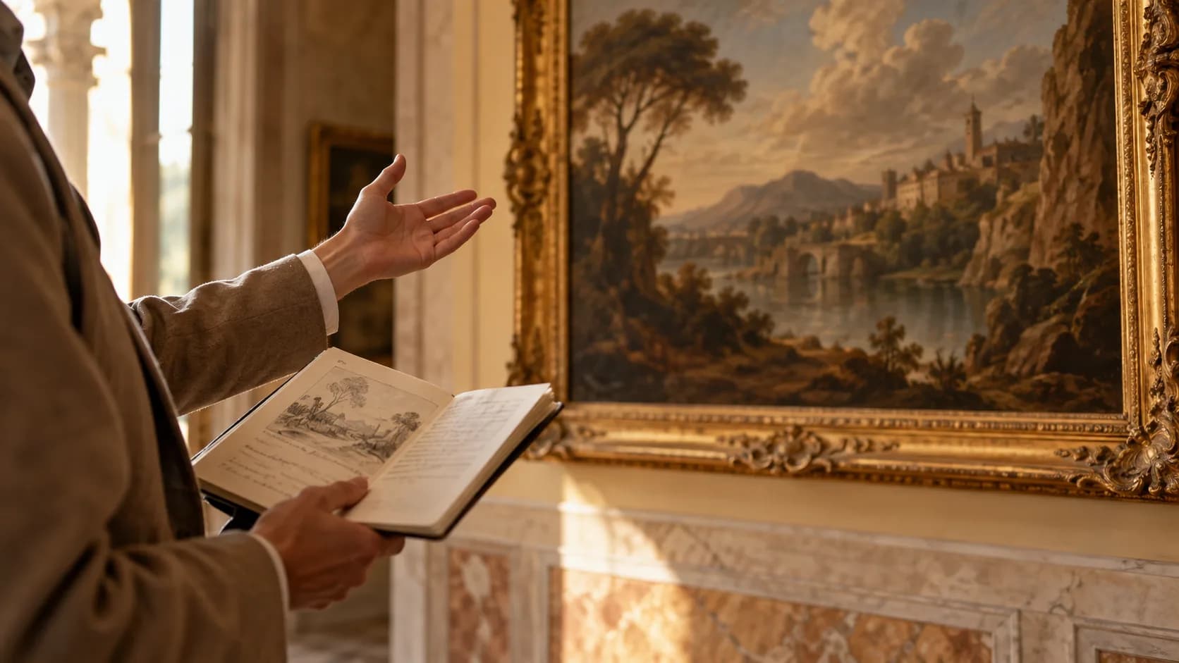 Un guide présente un paysage encadré dans une galerie romaine à la lumière chaleureuse.