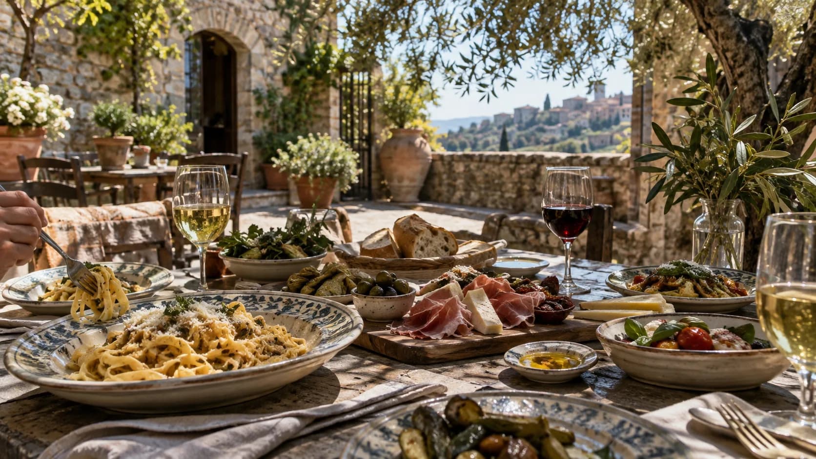 A relaxed wine-and-lunch table in a Frascati courtyard, with local antipasti and hillside light.