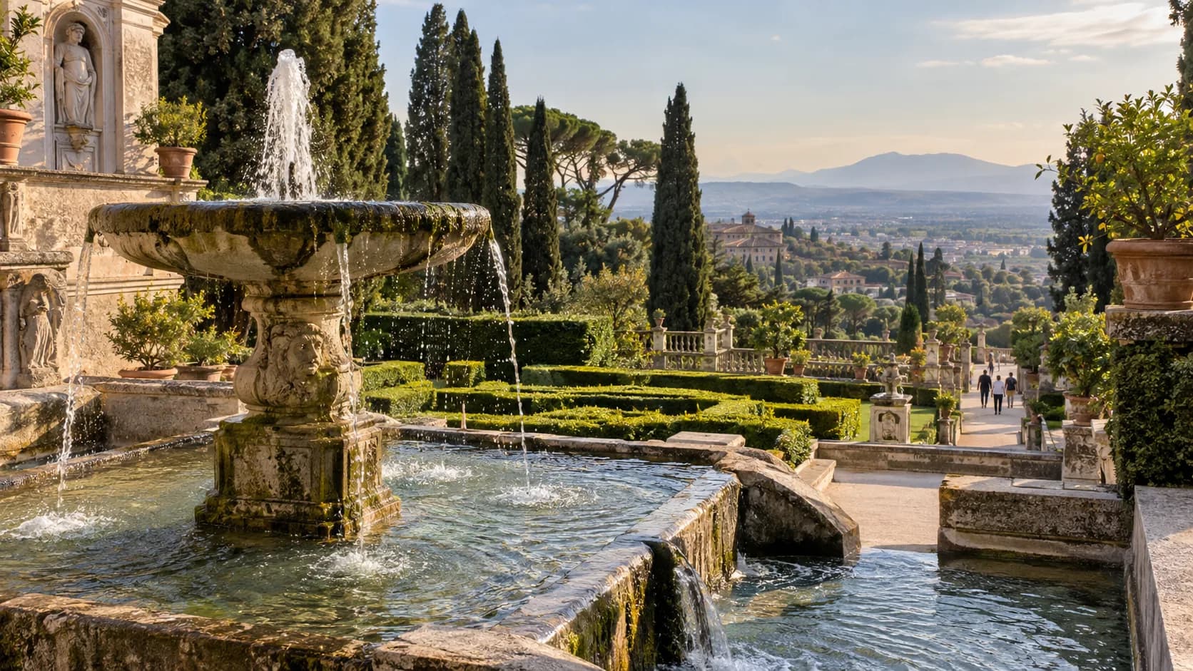 A stone fountain and terraced gardens at Villa d’Este in Tivoli.