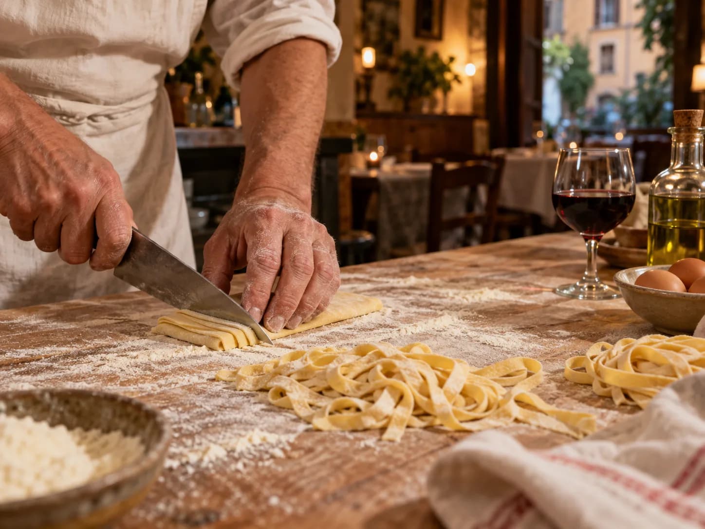 Hands cutting freshly made pasta on a flour-dusted table.