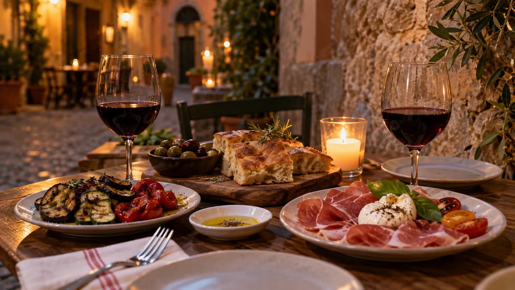 A shared Roman tasting table with wine and antipasti at twilight.