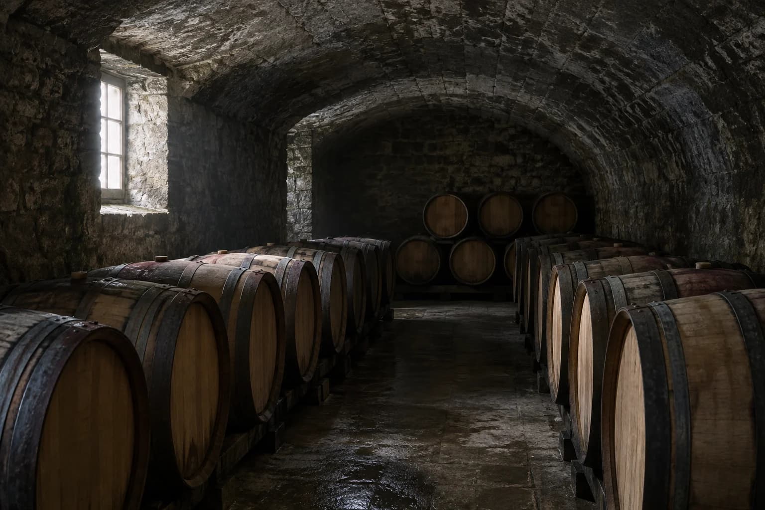 A Burgundy wine cellar with barrels