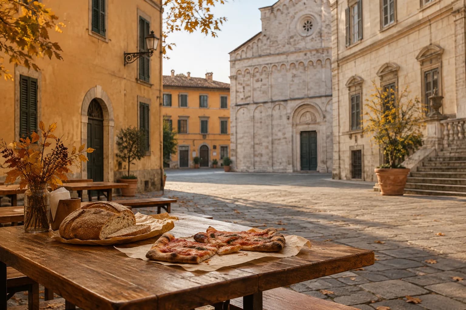 An autumn table in an Italian square