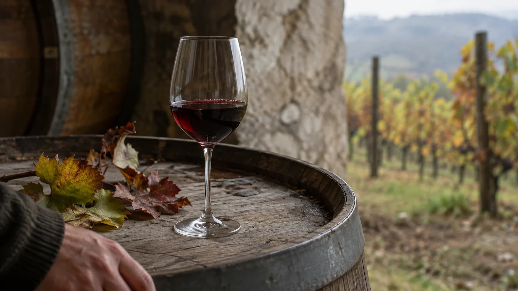 A glass of red wine on a barrel in Rioja