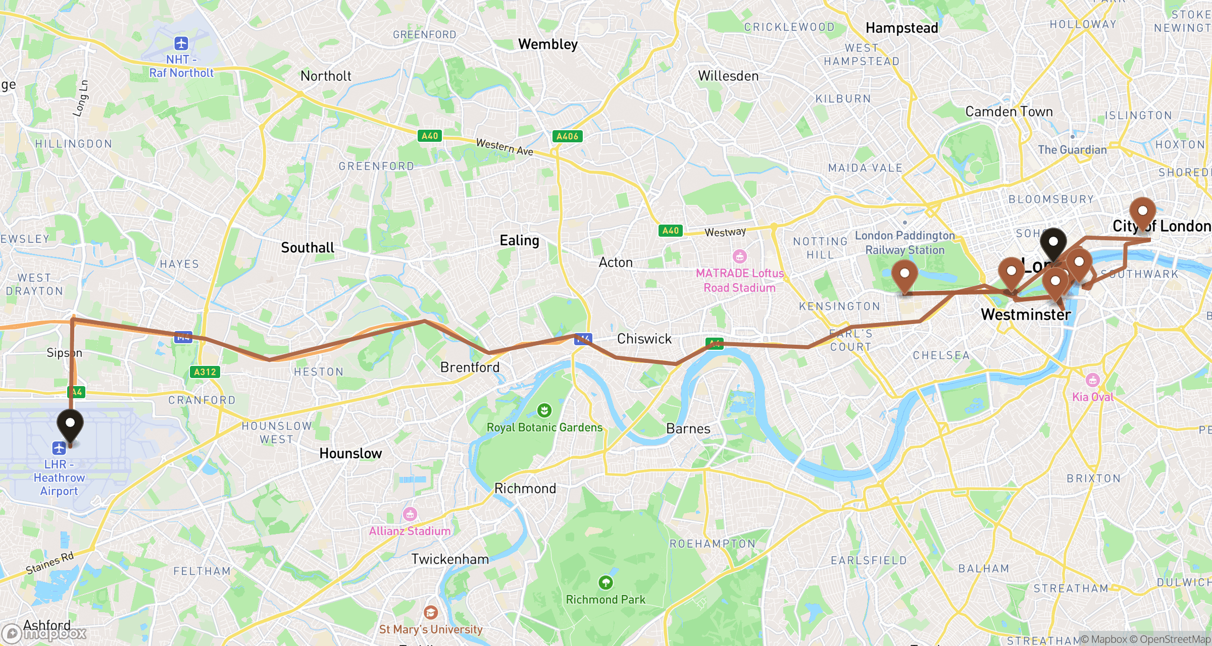 Illustrative road route from Heathrow Airport through central London highlights to a central London hotel.