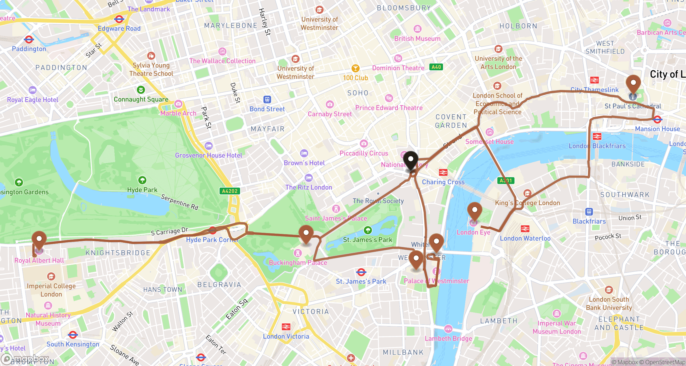 Illustrative road route through central London highlights, including Westminster, Buckingham Palace, Royal Albert Hall, St Paul’s Cathedral and the London Eye.