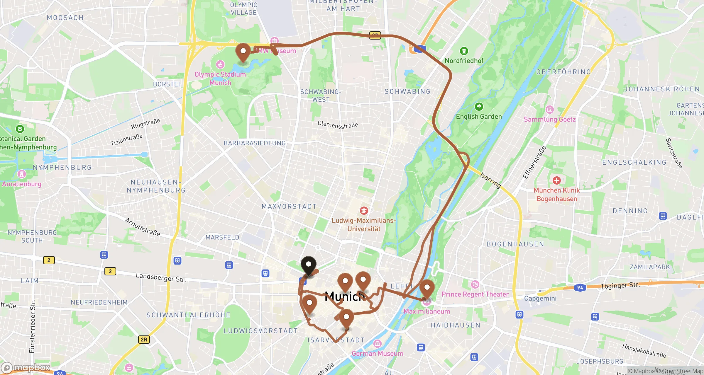 Illustrative road route through Munich for this private ride