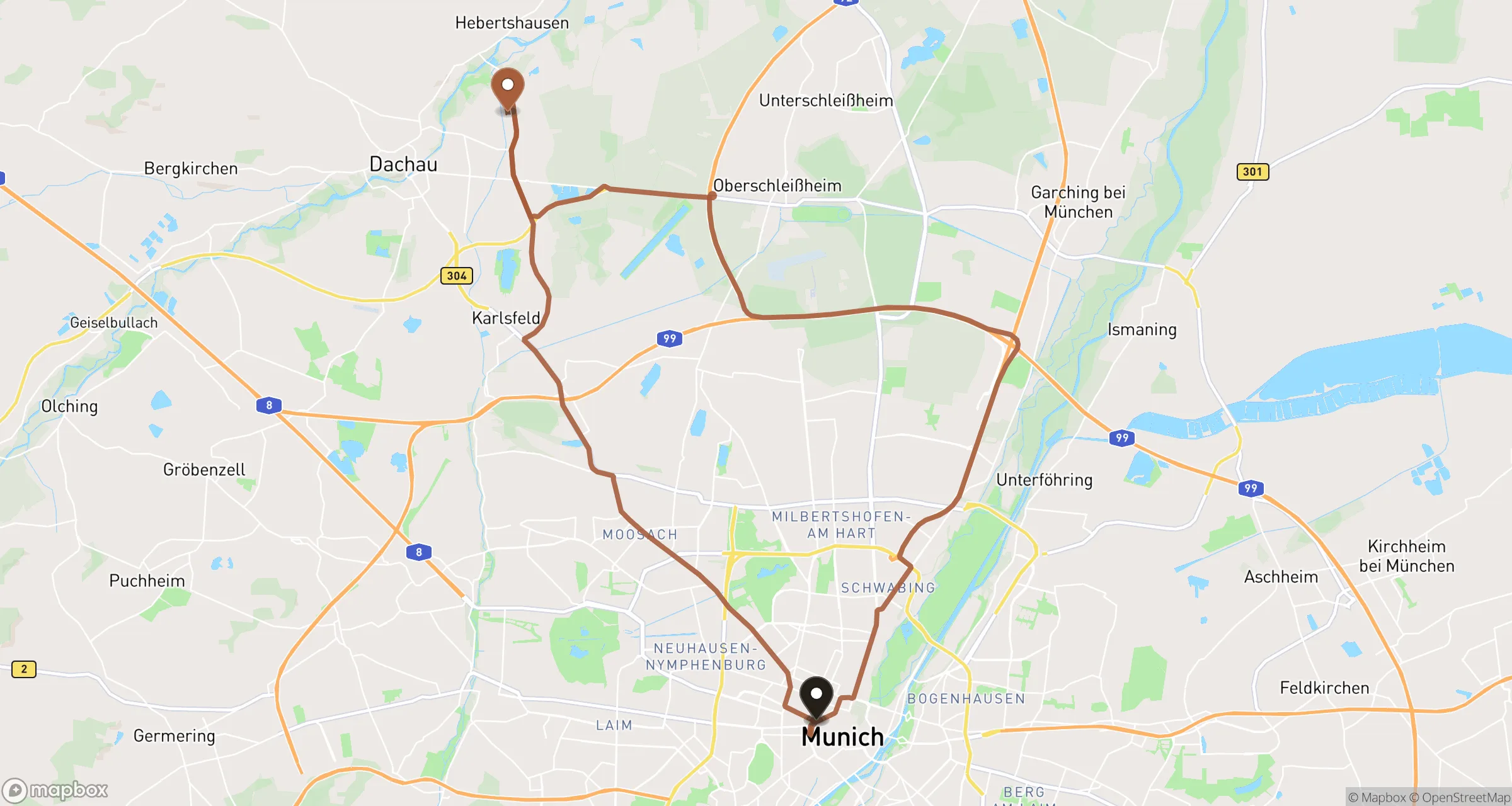 Illustrative road route from Munich to Dachau and back for this private ride