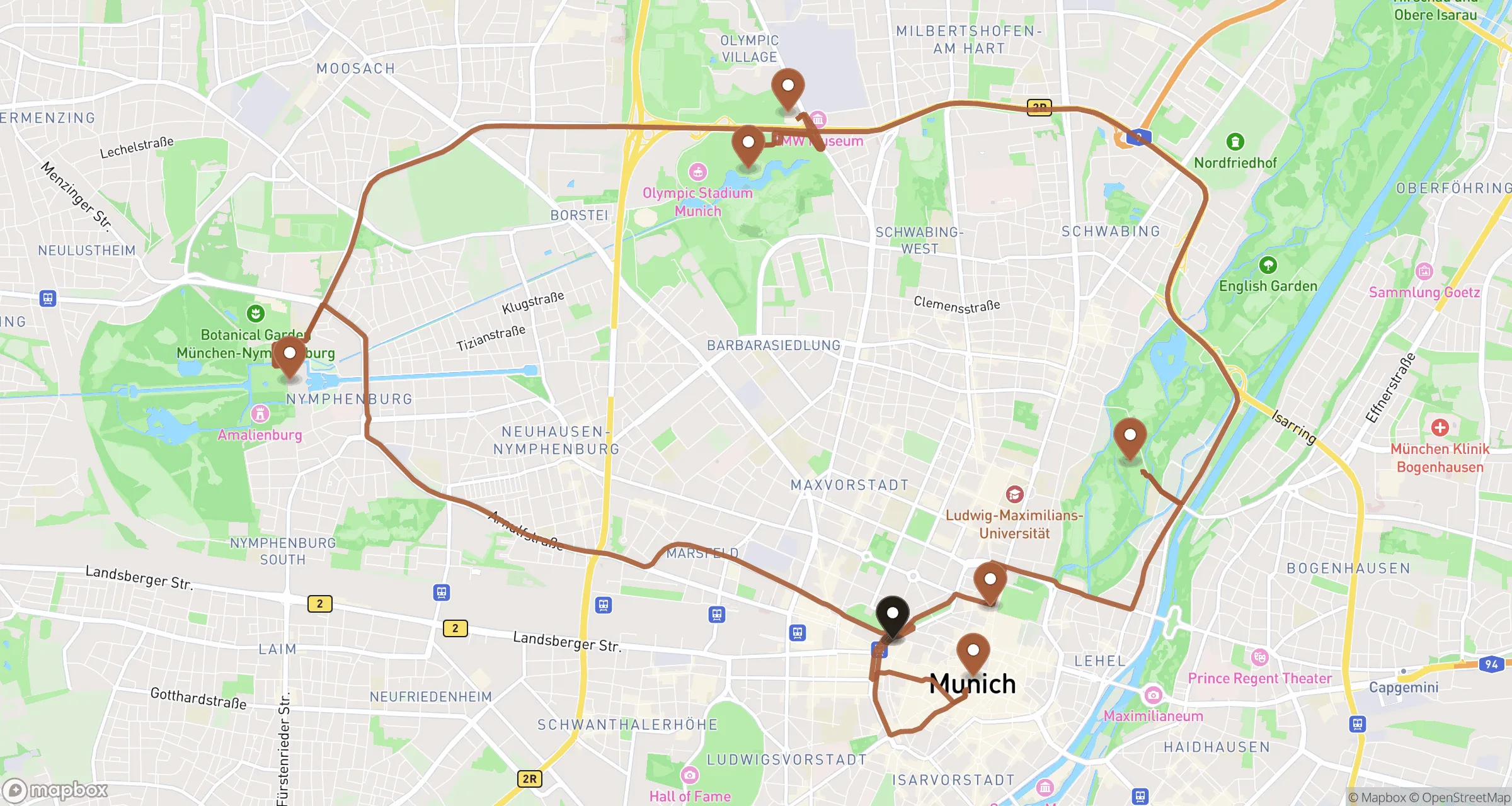 Illustrative road route through Munich for this private ride