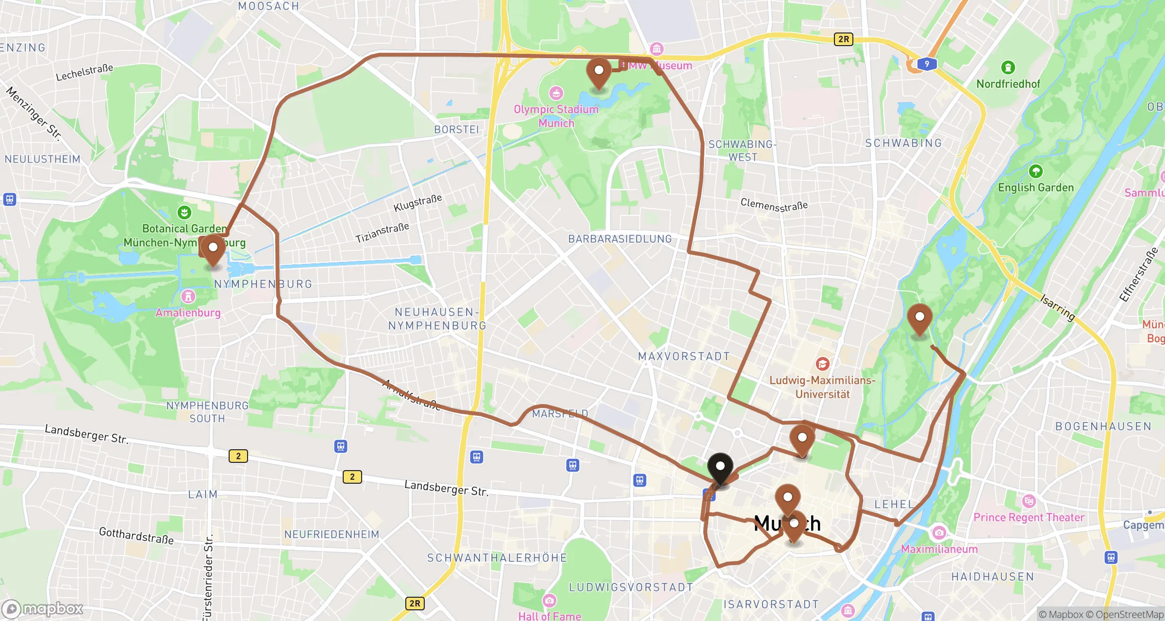Illustrative road route through Munich for this private ride