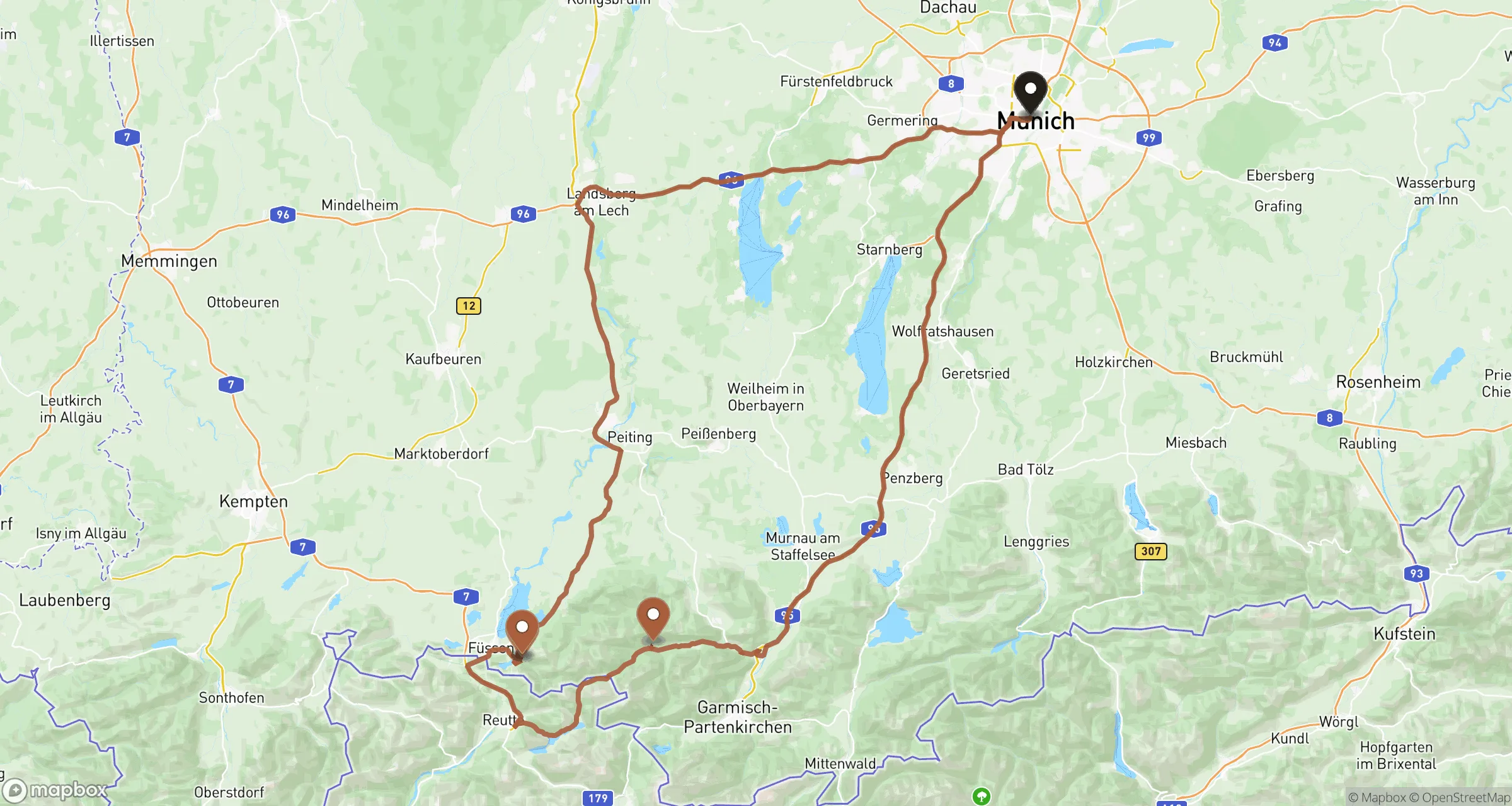 Illustrative road route from Munich to Neuschwanstein and back for this private ride