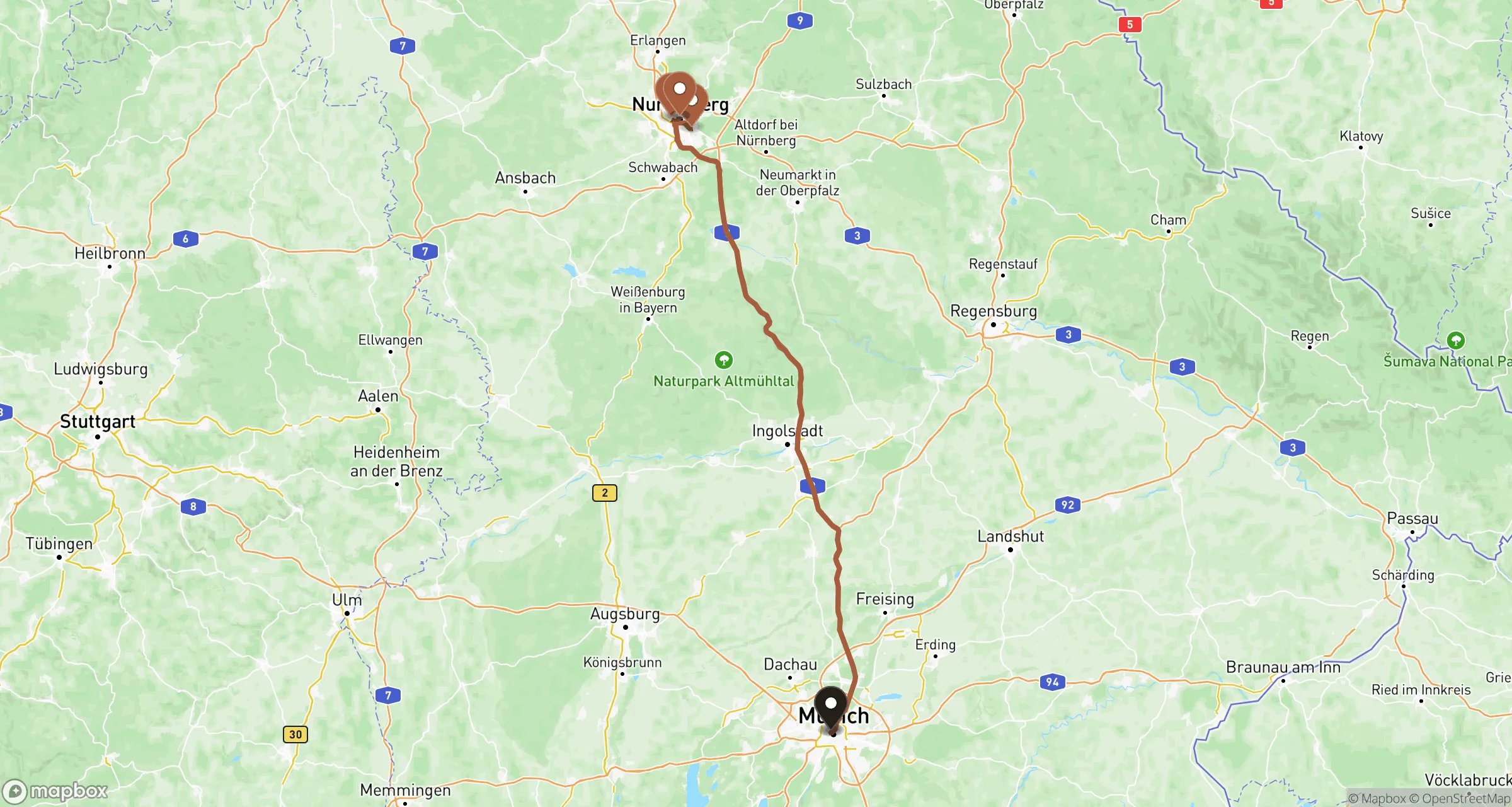 Illustrative road route from Munich to Nuremberg and back for this private ride