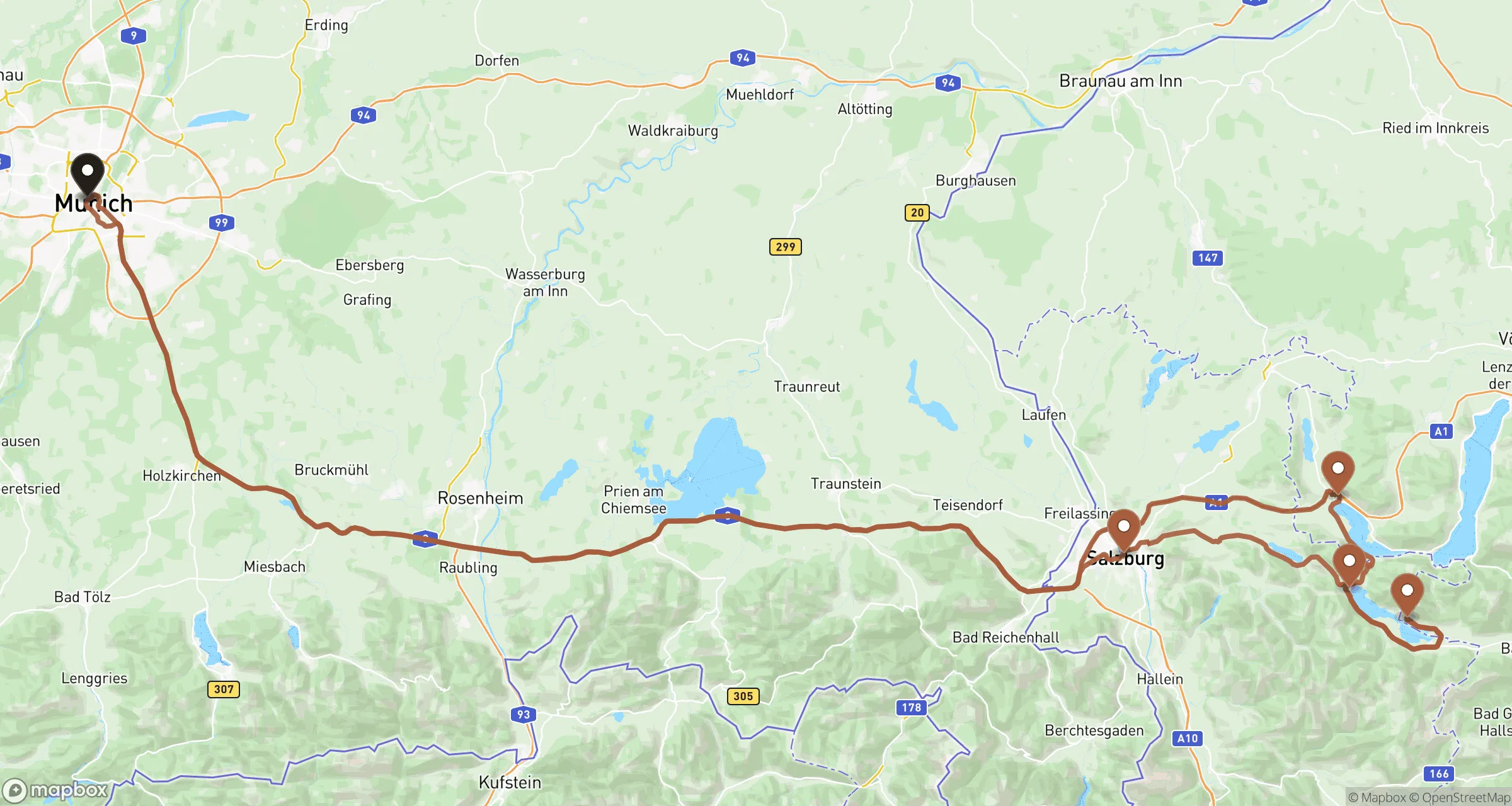 Illustrative road route from Munich to the Salzkammergut and back for this private ride