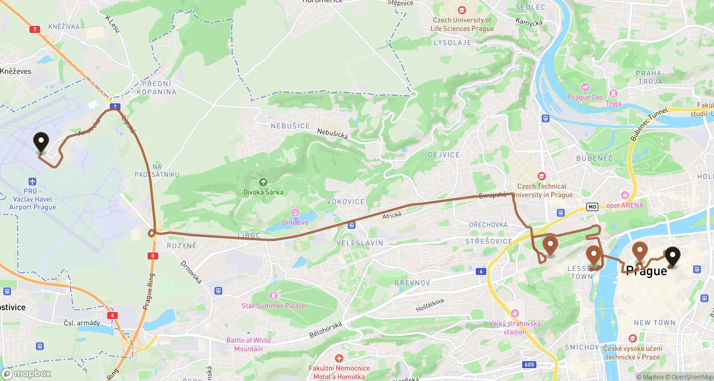Illustrative road route from Václav Havel Airport Prague through Prague highlights to a central Prague hotel