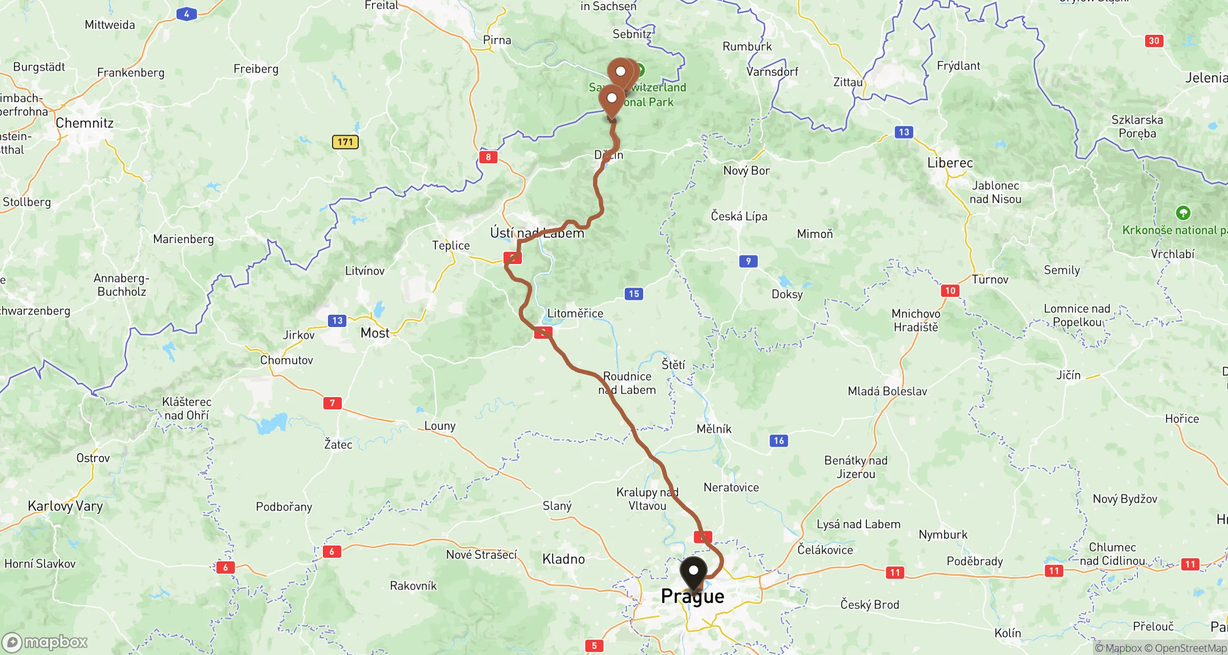 Illustrative road route from Prague to Bohemian Switzerland and back for this private ride