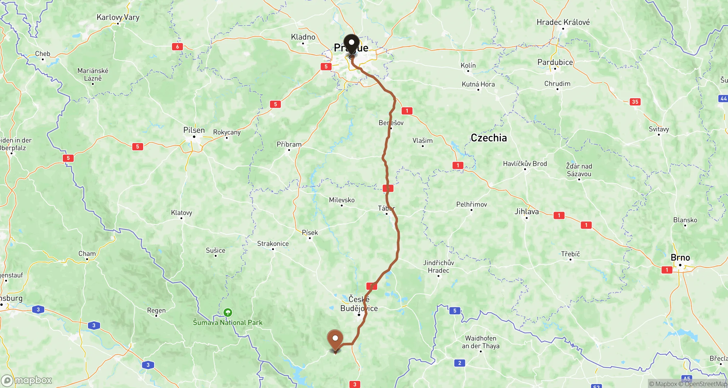 Illustrative road route from Prague to Český Krumlov and back for this private ride