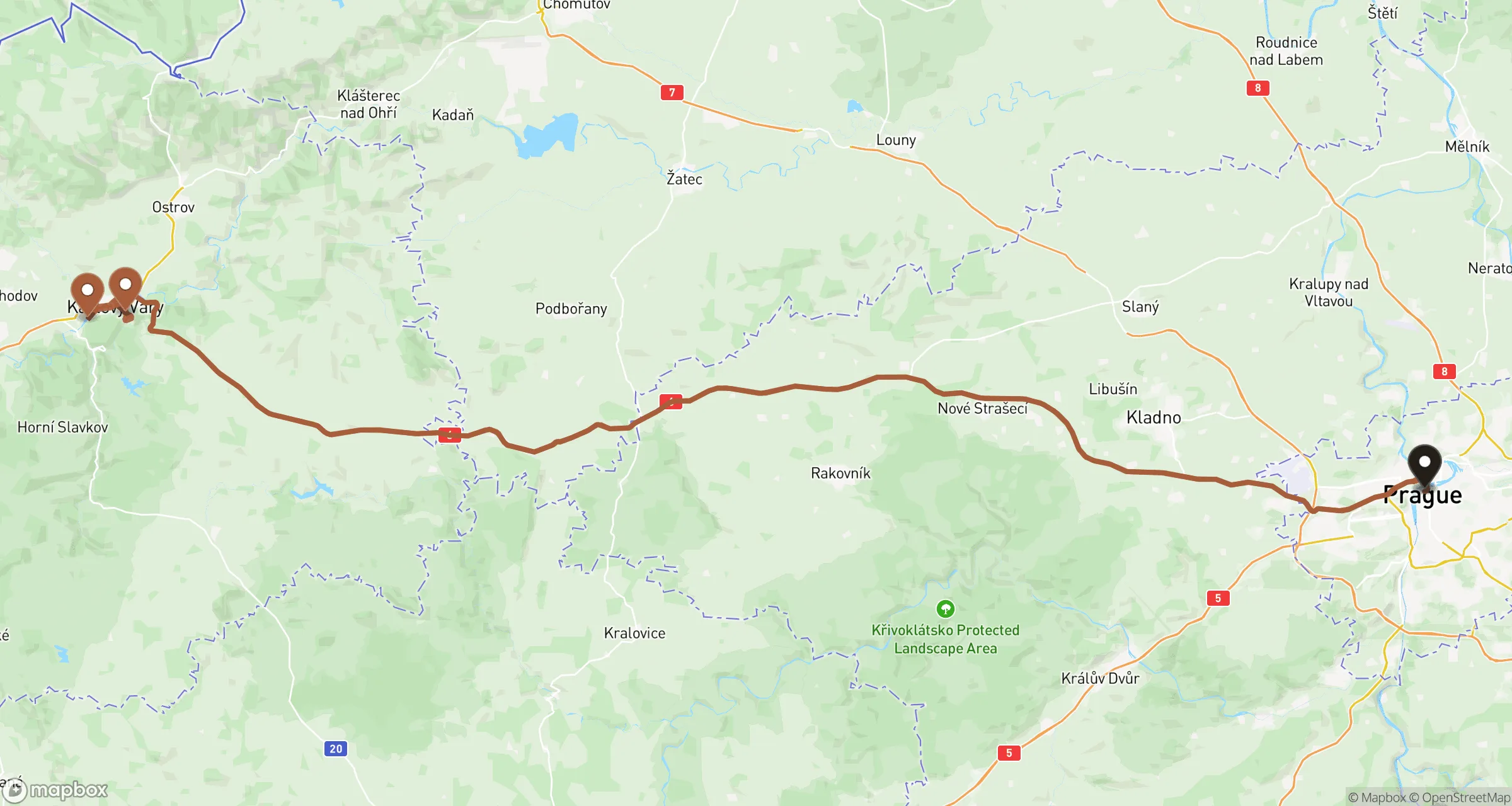 Illustrative road route from Prague to Karlovy Vary and back for this private ride
