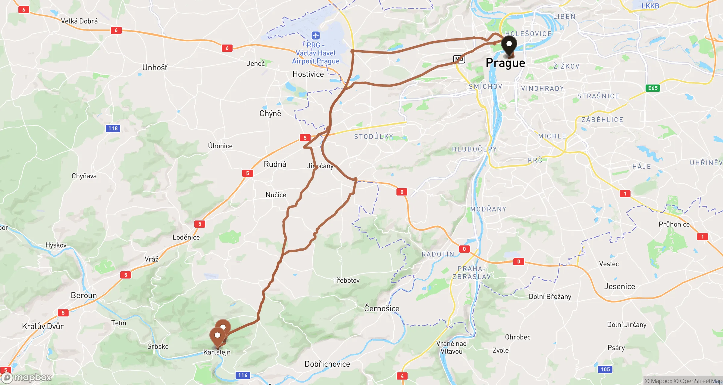 Illustrative road route from Prague to Karlštejn and back for this private ride