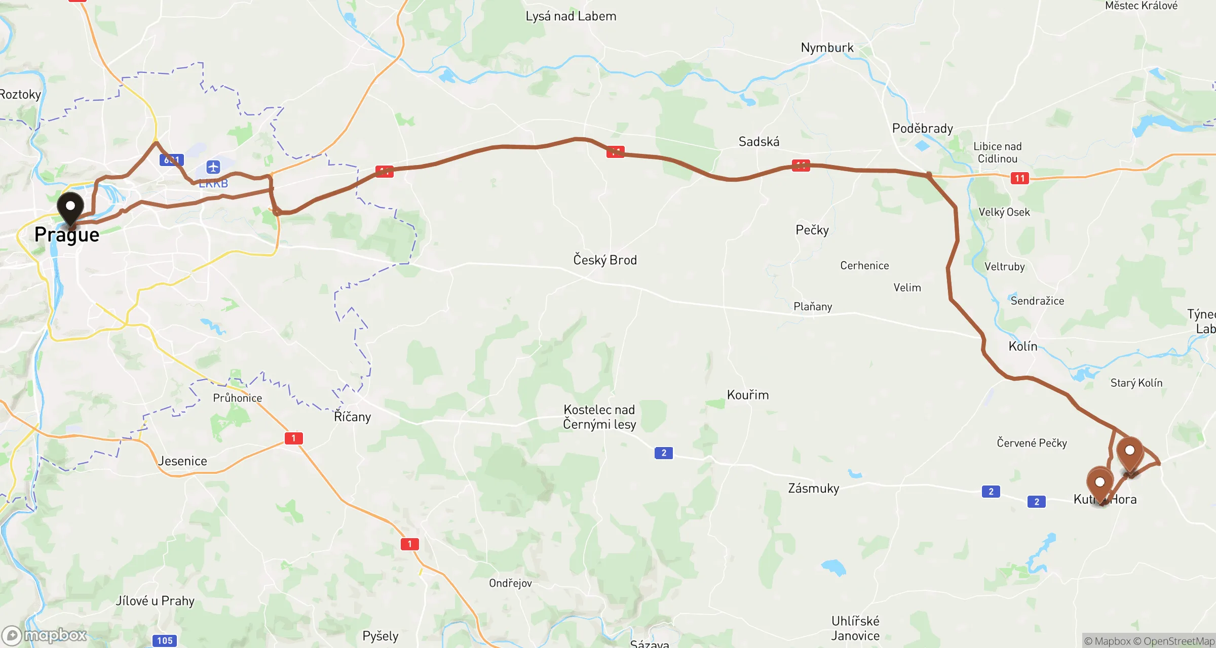 Illustrative road route from Prague to Kutná Hora and back for this private ride