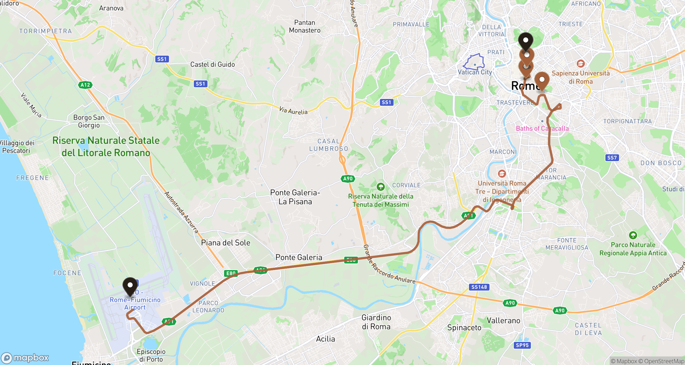 Illustrative road route from Rome Fiumicino Airport through Rome highlights to a central Rome hotel