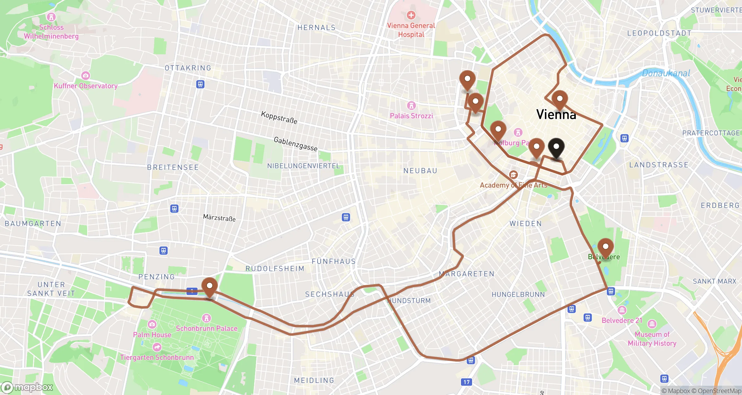 Illustrative road route through Vienna for this private ride