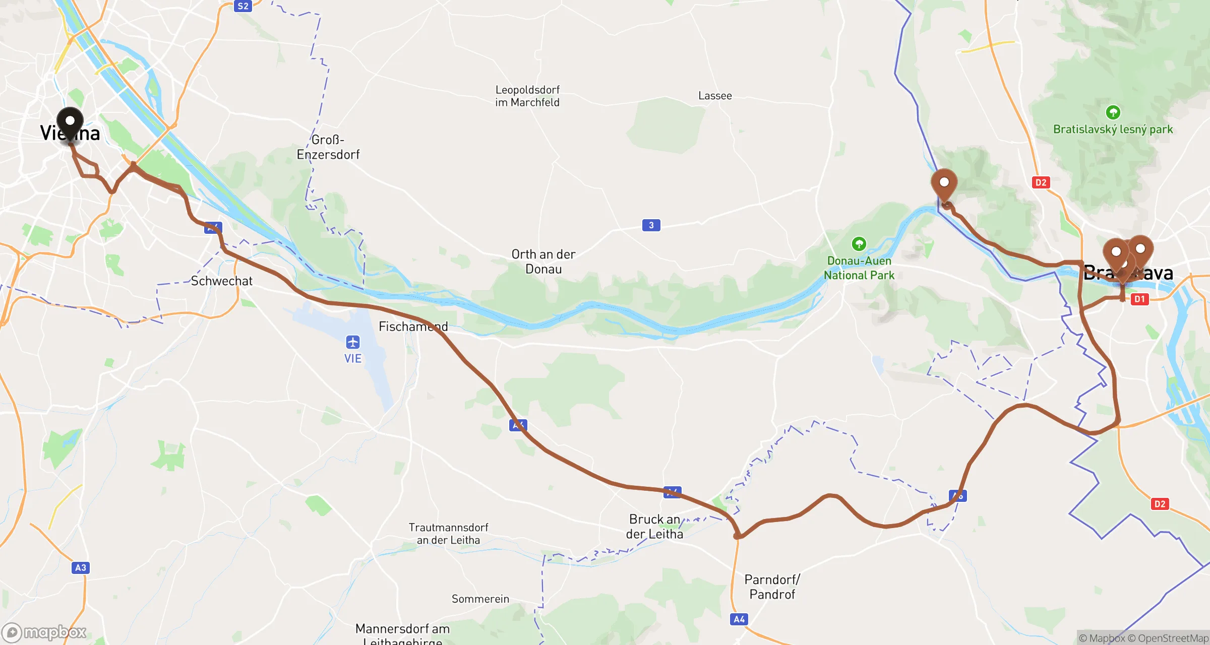 Illustrative road route from Vienna to Bratislava and back for this private ride