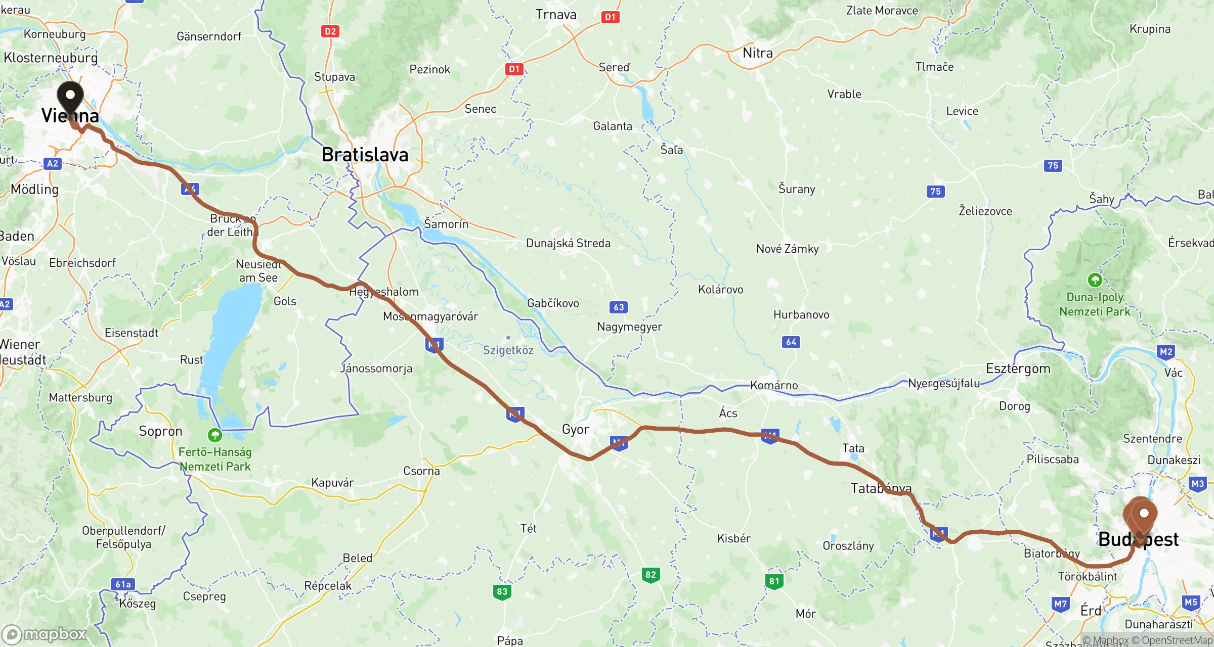 Illustrative road route from Vienna to Budapest and back for this private ride