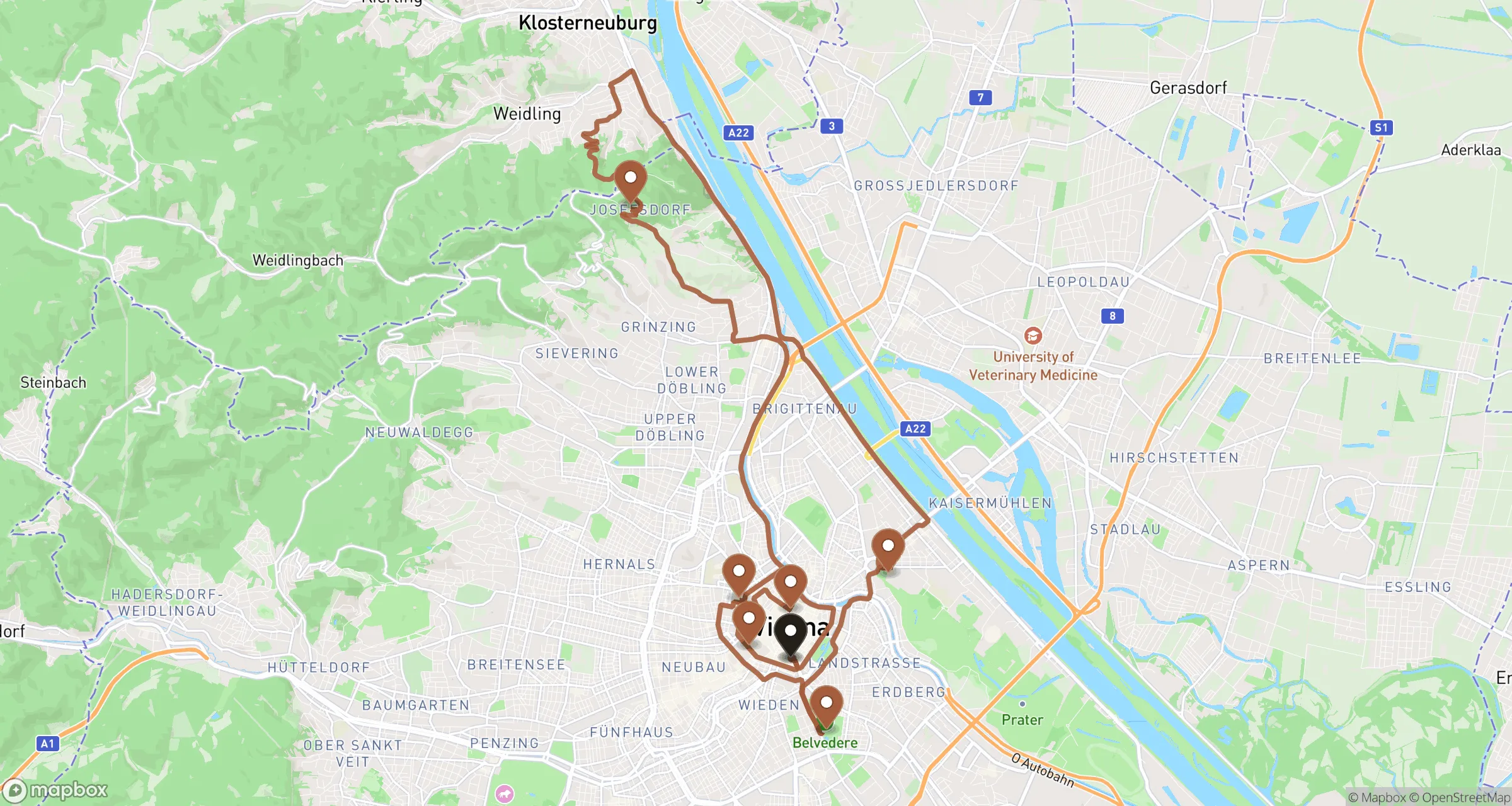 Illustrative road route through Vienna for this private ride