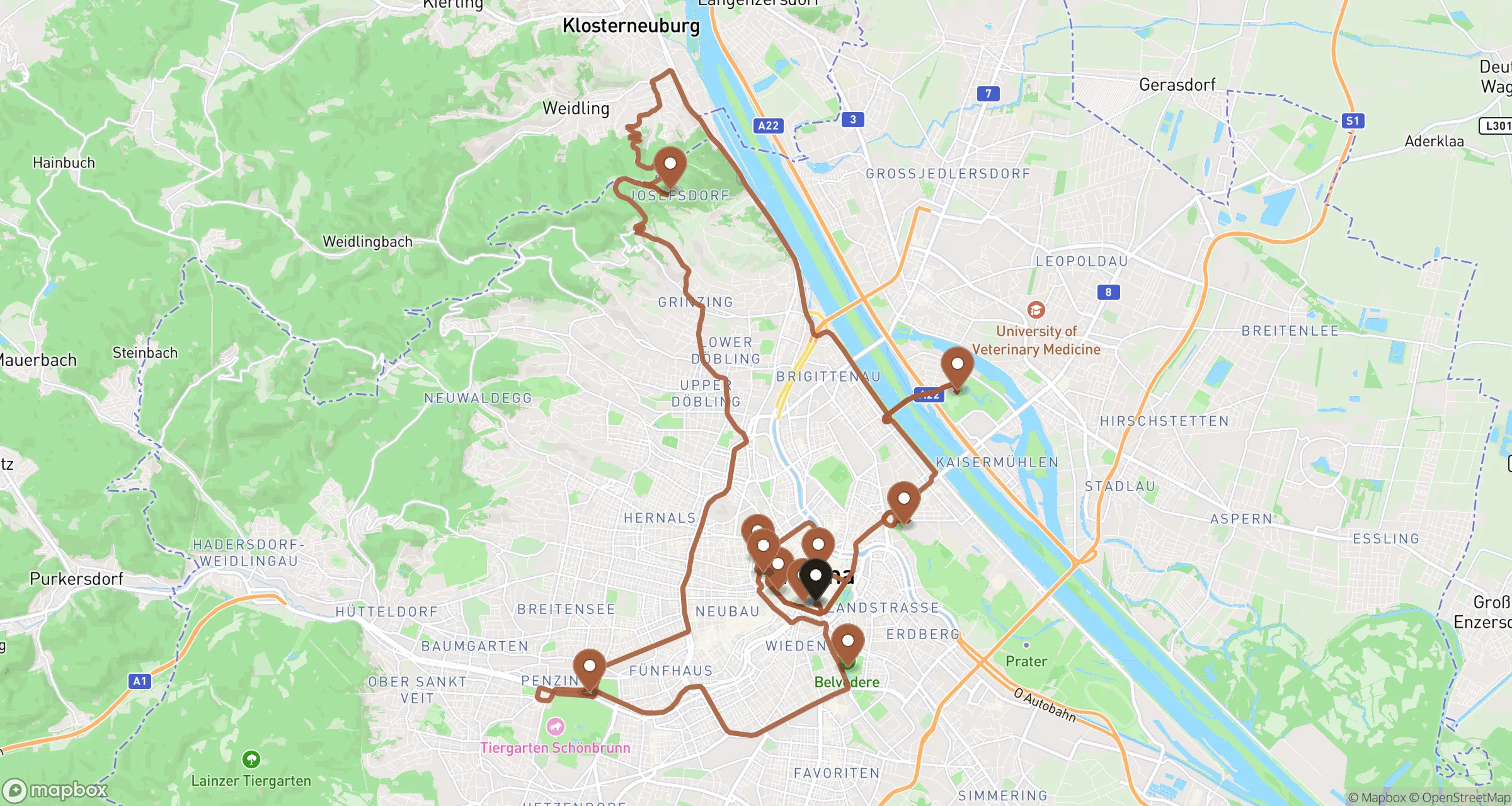 Illustrative road route through Vienna for this private ride