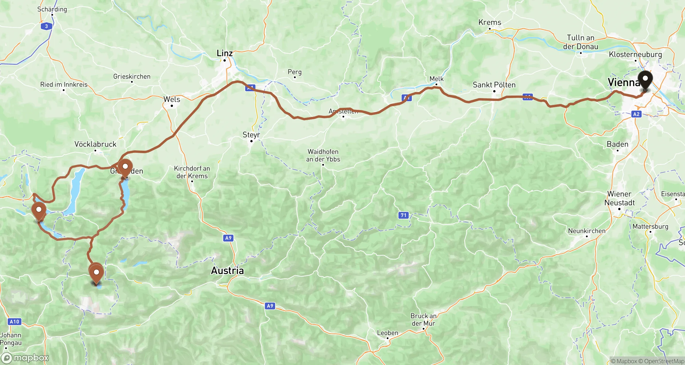 Illustrative road route from Vienna to Hallstatt and back for this private ride